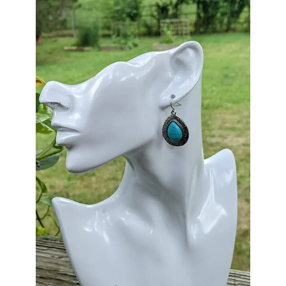 Silver tone and faux turquoise fish hook earrings